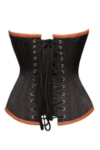Black Satin Corset Brown Faux Leather Halloween Costume Overbust Bustier Top