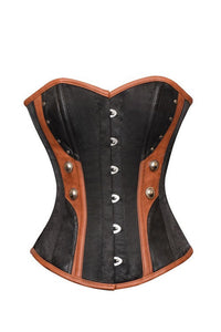 Black Satin Corset Brown Faux Leather Halloween Costume Overbust Bustier Top