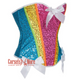 Pink Blue Yellow Satin With Front White Bow Sequin Work Overbust Rainbow Corset Burlesque Top
