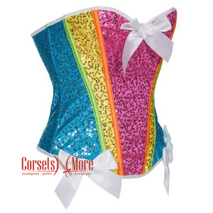 Plus Size Pink Blue Yellow Satin With Front White Bow Sequin Work Overbust Rainbow Corset Burlesque Top