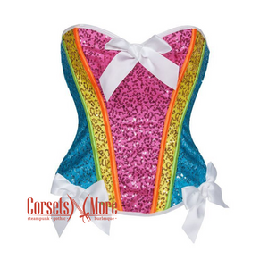 Pink Blue Yellow Satin With Front White Bow Sequin Work Overbust Rainbow Corset Burlesque Top