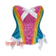 Plus Size Pink Blue Yellow Satin With Front White Bow Sequin Work Overbust Rainbow Corset Burlesque Top